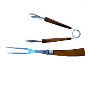 Vintage Meat Fork Stainless Steel Fork with Brown Bakelite Handle And Tongs